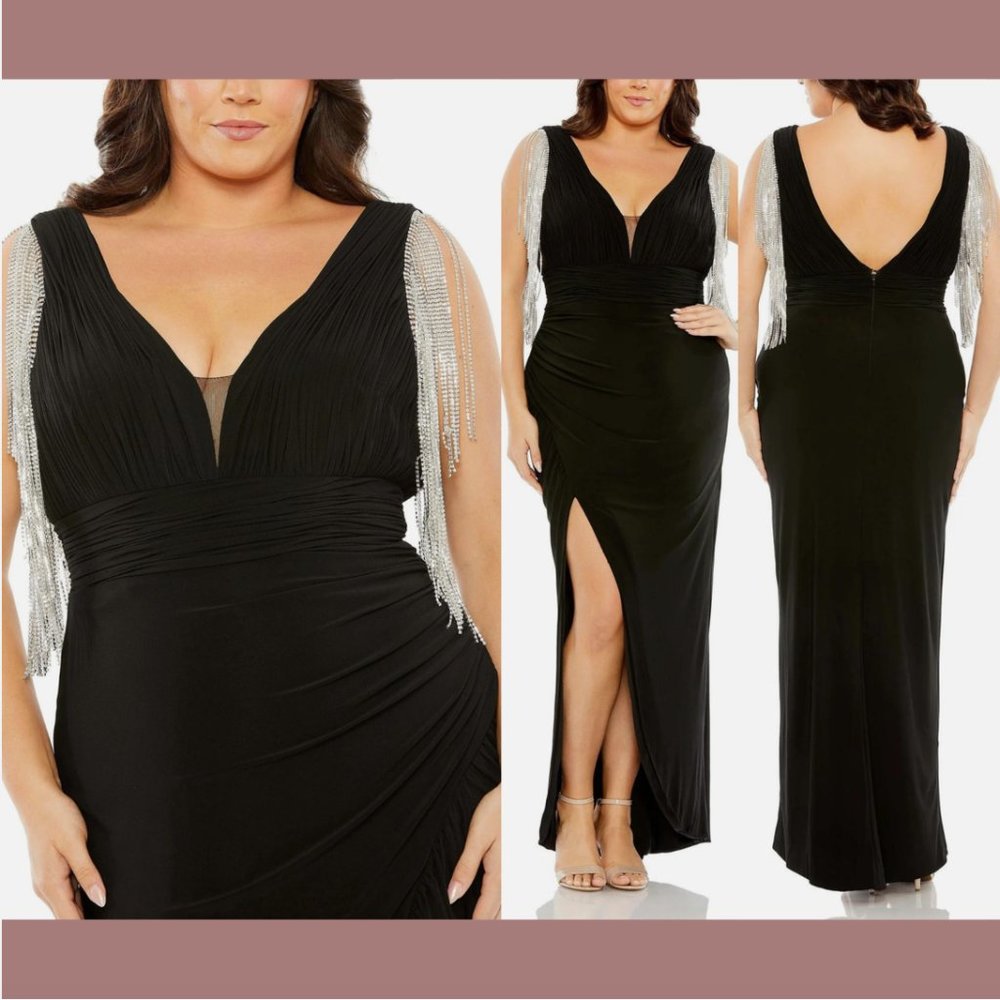 NWT $598 Mac Duggal [PLUS 24W ] Fringe Detail on Shoulder V Neck Gown Black Q647